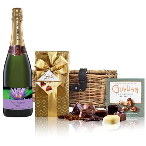 Personalised Champagne - Purple Flower Label And Chocolates Hamper